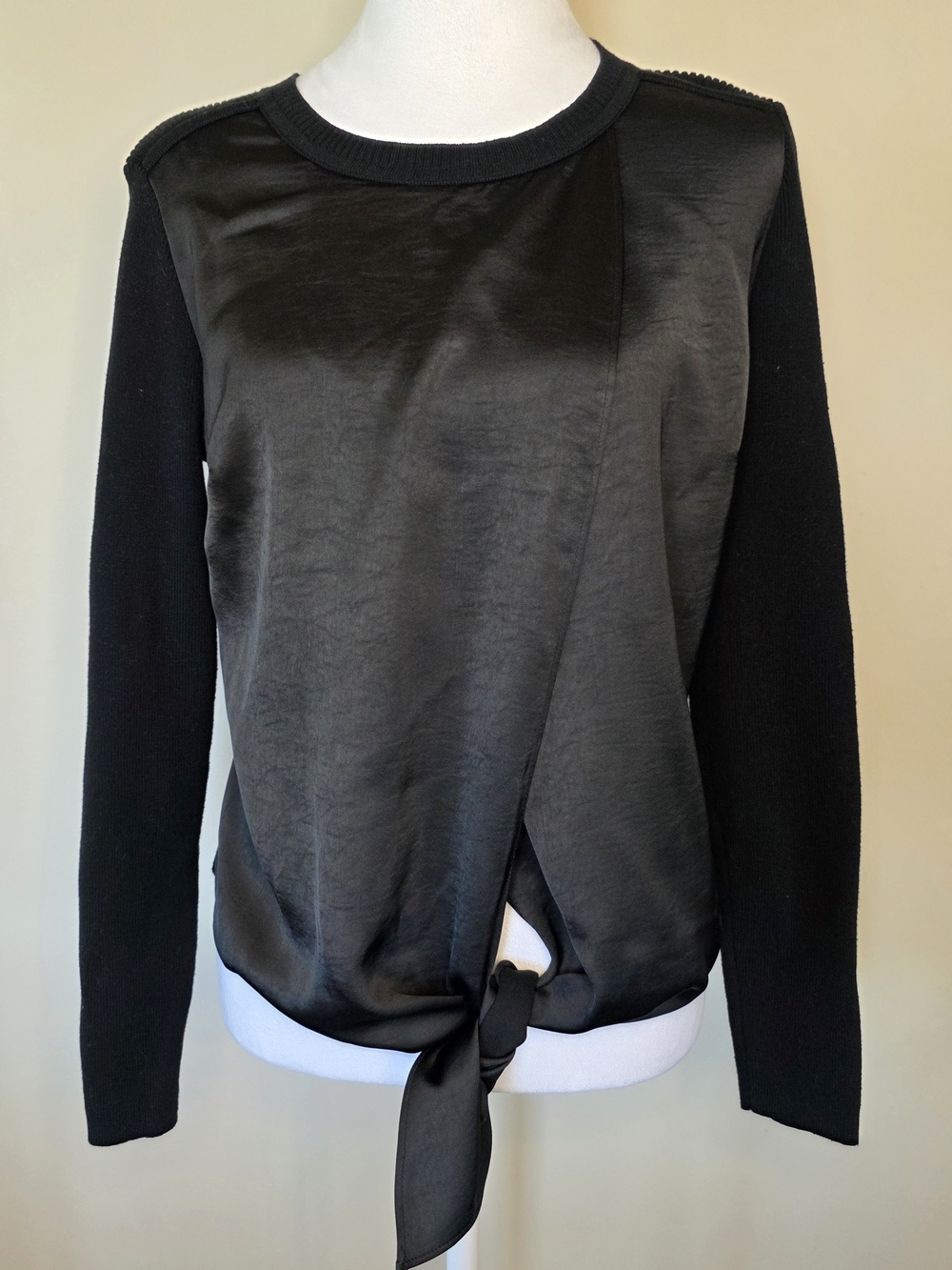 Cabi Black Mixed Media Satin Knit Tie Front Top XS/ Minimalist Monocrome - Picture 2 of 6